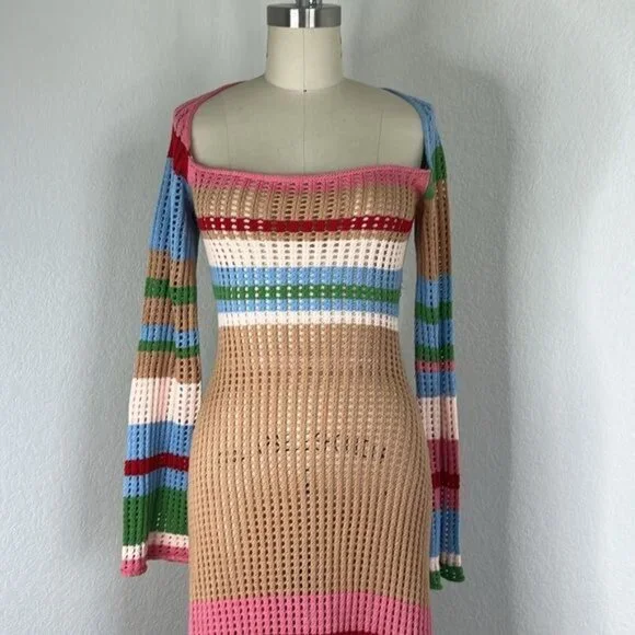 VRG GRL Work of Art Crochet Knit Maxi Bell Sleeve Dress - coffeafoods.com